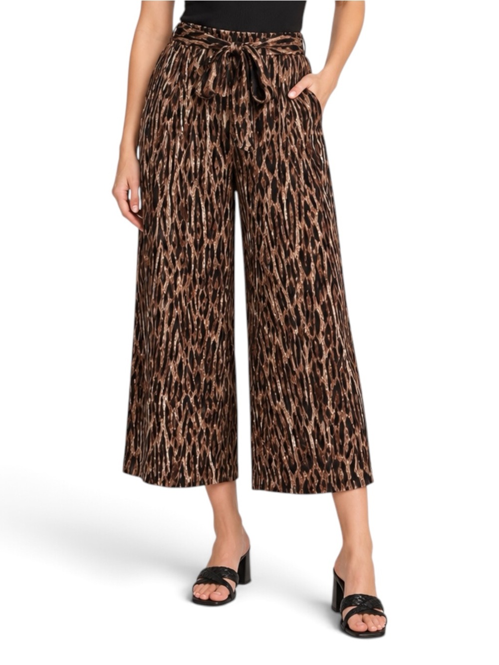 T Tahari Leopard Print Wide Leg Palazzo Crop Pants Tie Waist XS NWT